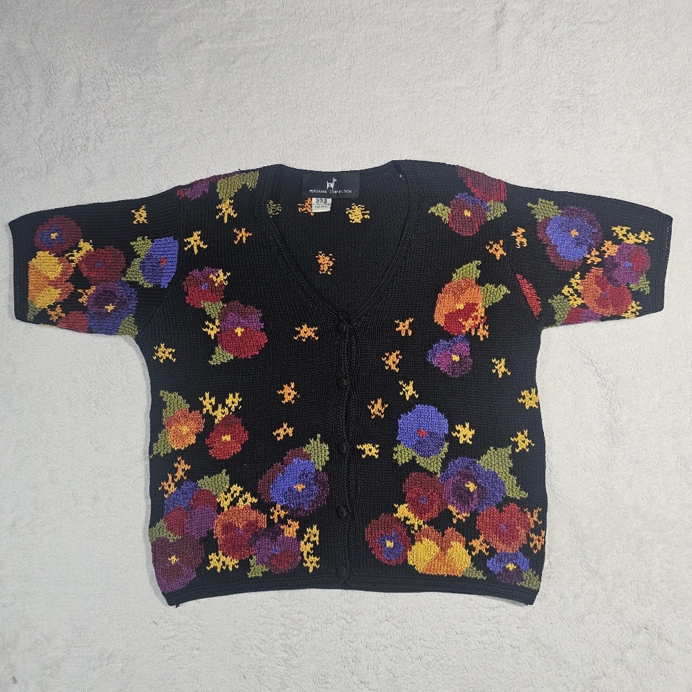 Vintage Peruvian Connection Short Sleeve Cardigan Sweater Size M Black Floral